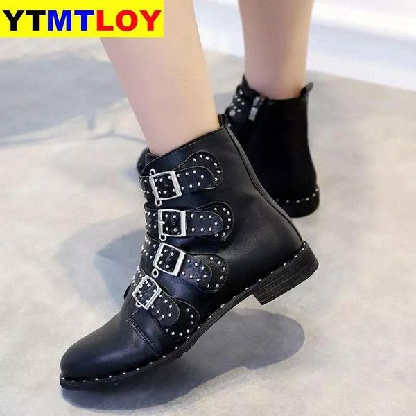 

202135-43 big size leather boots women four buckle belt short booties ladies metal rivets round toe low-heeled botas mujer #on1p, Black