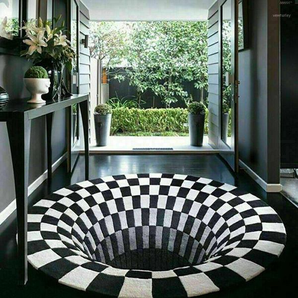 

carpets black white grid printing 3d rugs illusion vortex bottomless hole floor carpet antiskid velvet hallway mat bedroom decoration1