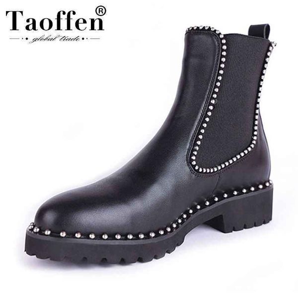 

taoffen british style ankle boots women genuine leather elastic band flats shoes rivets round toe women footwear size 33-43 t200104, Black