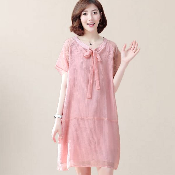 

2020 summer new ladies big solid color dress feminine ribbon dressed in middle lace of loose casual length h005, Black;gray