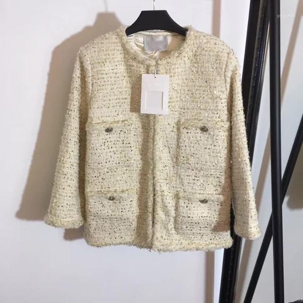 

2019 new women vintage knitted jacket gold thread elegant lady tweed coat1, Black;brown