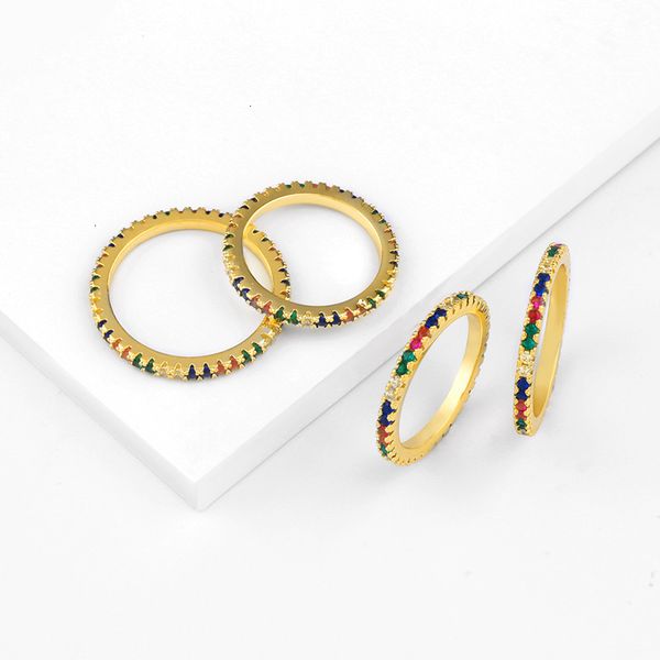 

rainbow colorful 2mm plated round women's wide cubic zirconia eternity ring tiny rose gold color wedding rings party jewelry, Silver