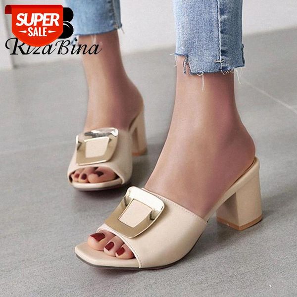 

rizabina square heel women sandals fashion open toe metal shoes women daily casual sllip on leather outdoor slippers size 33-39 #zp0e, Black