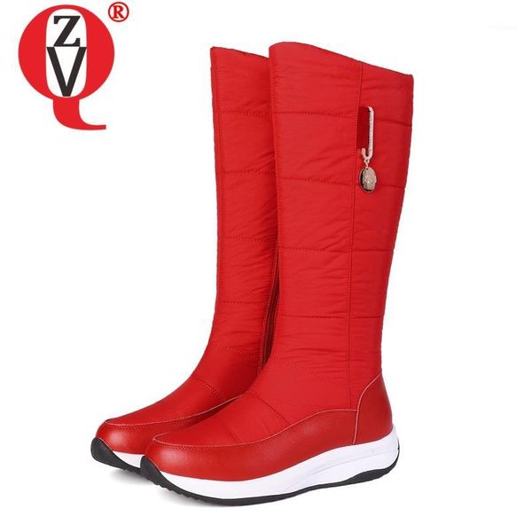 

boots zvq leather snow cool woman winter super warm flat platform women's shoes red white round toe zipper knee-high 44cn1, Black