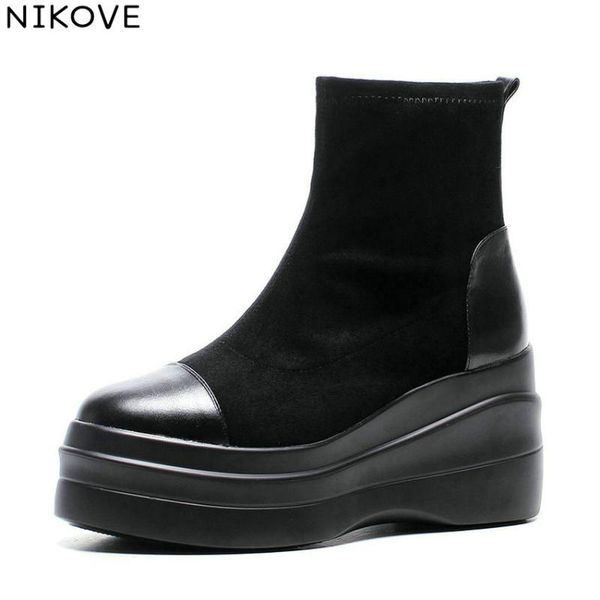 

nikove 2020 women boots spring autumn shoes wedges high heels ankle boots platform flock western style ladies size 34-39, Black