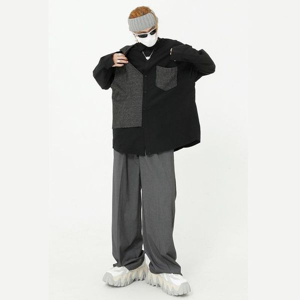 

male streetwear hip hop vintage fashion loose black white shirt men new splice casual long sleeve shirt1, White;black