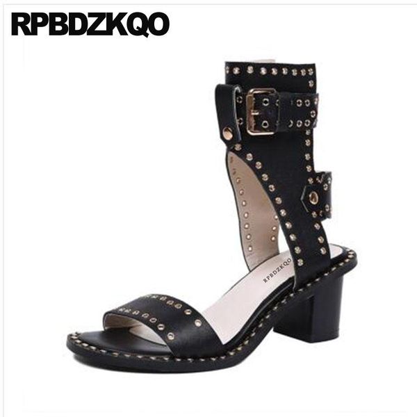 

summer metal open toe genuine leather chunky shoes sandals rivet women ankle luxury stud slingback punk rock boots high heel new, Black