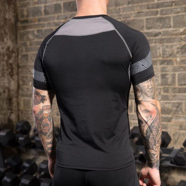 

men sports t-shirt gym fitness bodybuilding running short sleeve slim t shirt jogging workout training tee clothing1, Black;blue