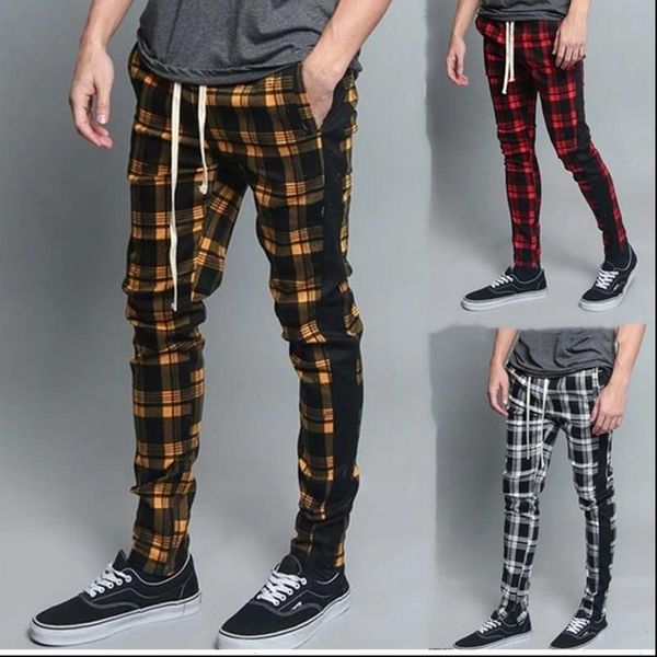 

2019 high wasit spring summer fashion pocket mens slim fit plaid straight leg trousers casual pencil jogger printing, Black