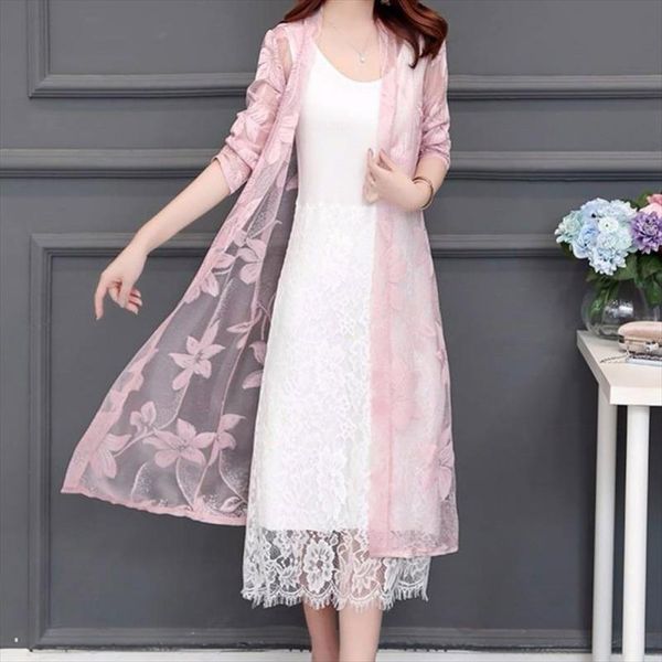 

summer women floral lace up kimono cardigan sun protection clothing beach long blouses casual ladies beach cover up thin coats, White