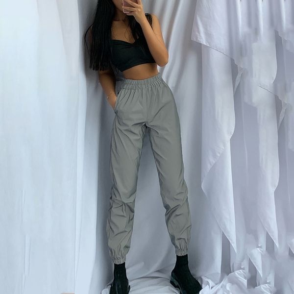 

flash reflective jogger pants autumn winter women casual gray solid streetwear trousers 68 orders 201109, Black;white