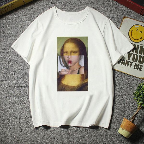 

mona lisa cartoon t-shirt womens fun kawaii spoof personality o-neck short-sleeved fashion harajuku womens t shirt casual s-2xl, White