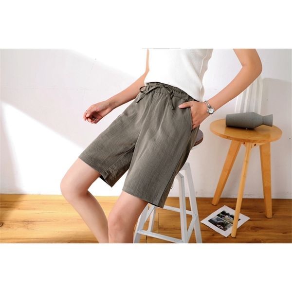 

2021 new womens drawstring elastic waist cotton linen knee length shorts 4odv, White;black