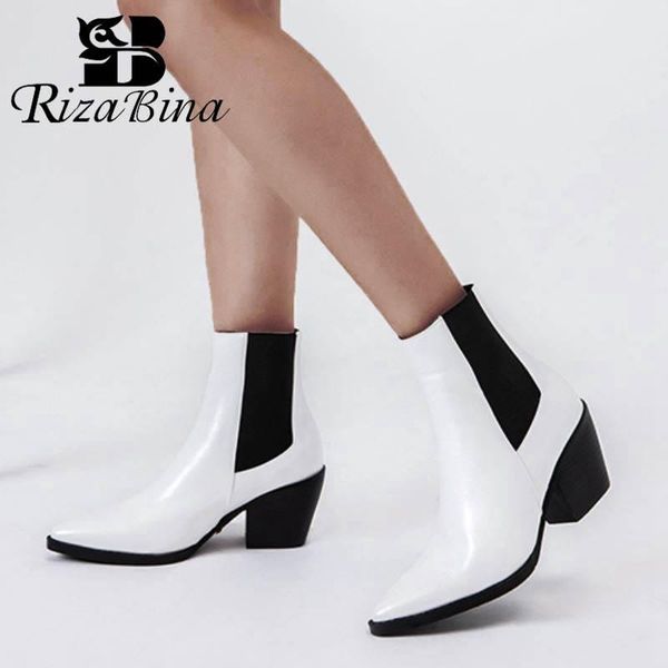 

rizabina ankle boots women thick heel shoes patchwork leather pointed toe women boots winter warm fashion footwear size 33-45, Black