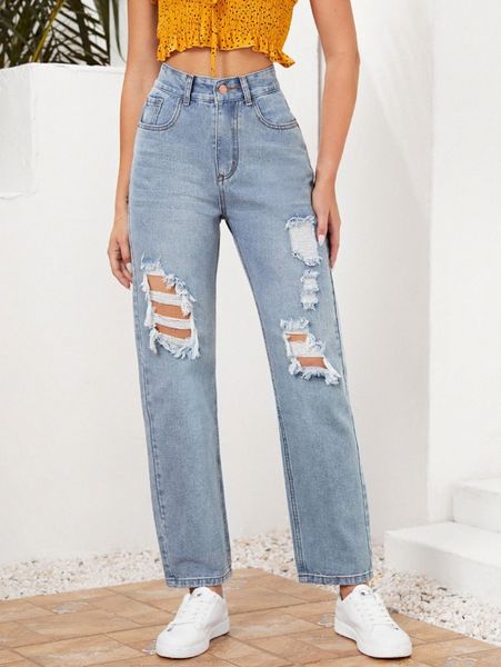 

high waist ripped straight leg jeans 03fv#, Blue
