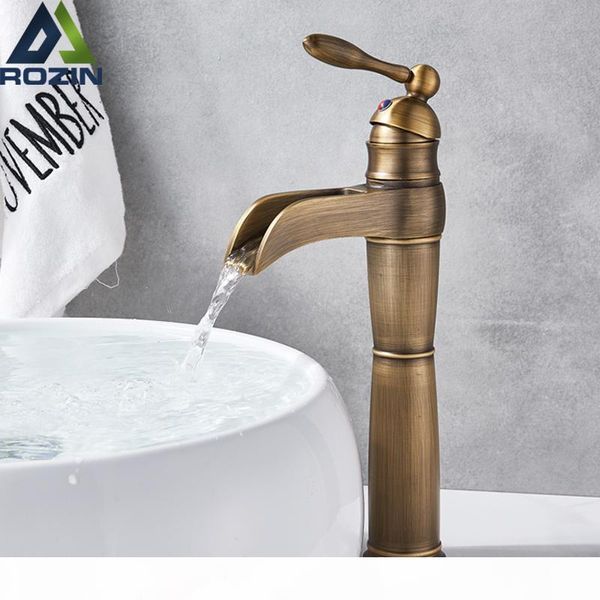 

antique brass basin faucet counterwaterfall spout bathroom sink mixer tap single handle cold water mixers black tap