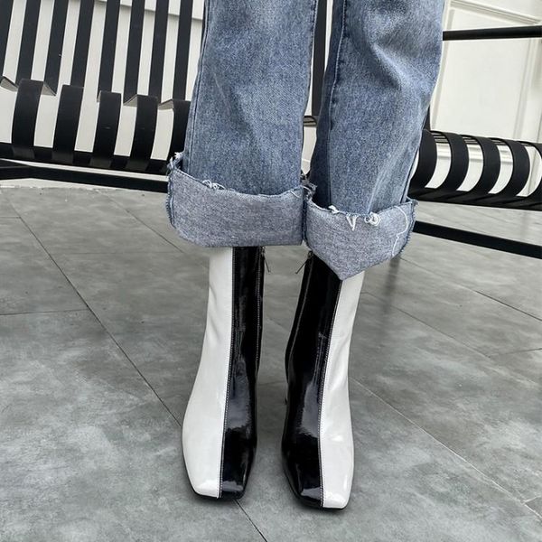 

vintage square toe women patent leather boots black mixed white autumn ankle bottes femmes 8cm high heels winter botas de mujer