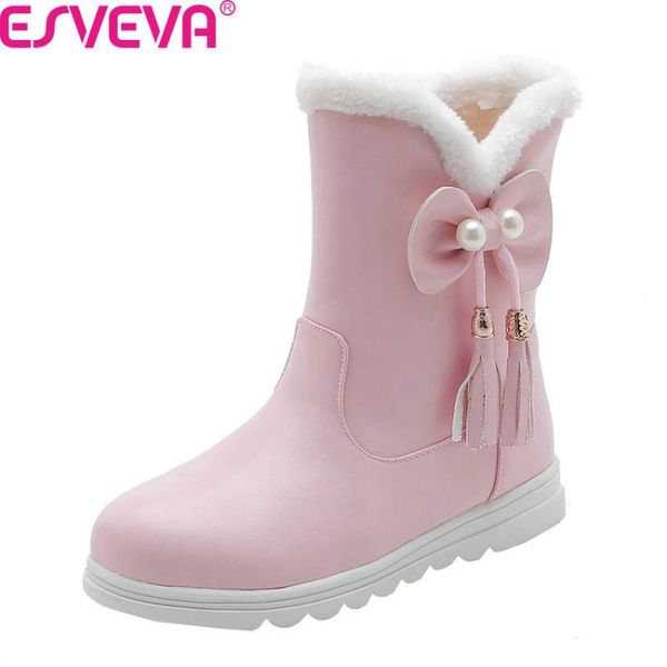 

boots esveva 2021 sweet butterfly-knot platform round toe pu ankle winter warm fur square heel slip on women shoes size 34-43, Black
