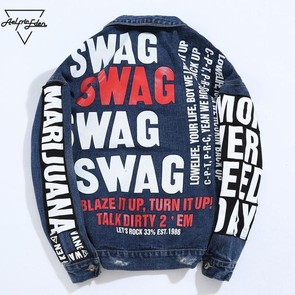 

aelfric eden jean jacket 2017 men graffiti denim jackets coats hole letter print blue baseball jacket swag hip hop kt171, Black;brown
