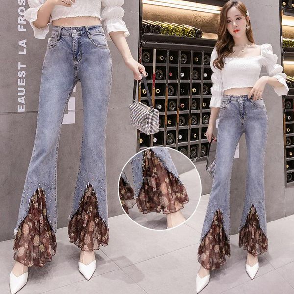 

women 2021 spring autumn jeans female high waist skinny flare pants fashion ladies patchwork flares casual slim denim pants g73, Blue
