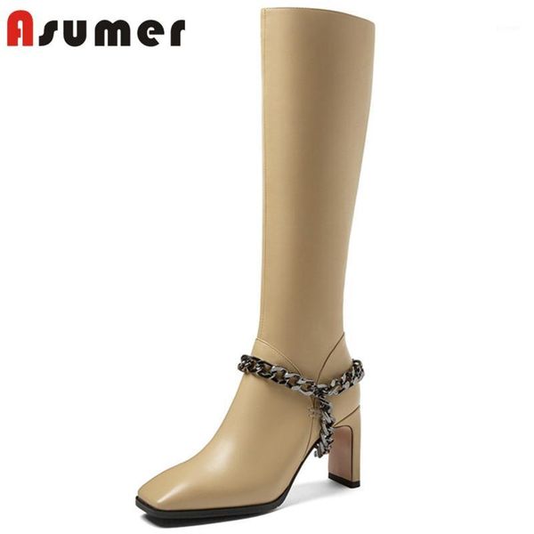

boots asumer 2021 genuine leather +pu knee high women square toe chain heel ladies party shoes black1, Black