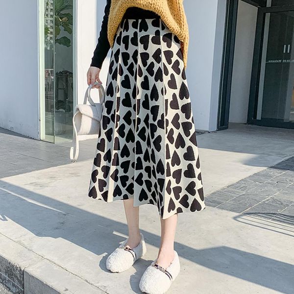 

new arrival warm winter knit skirt women love heart shape vintage fashion pleated midi ladies korean faldas mujer, Black