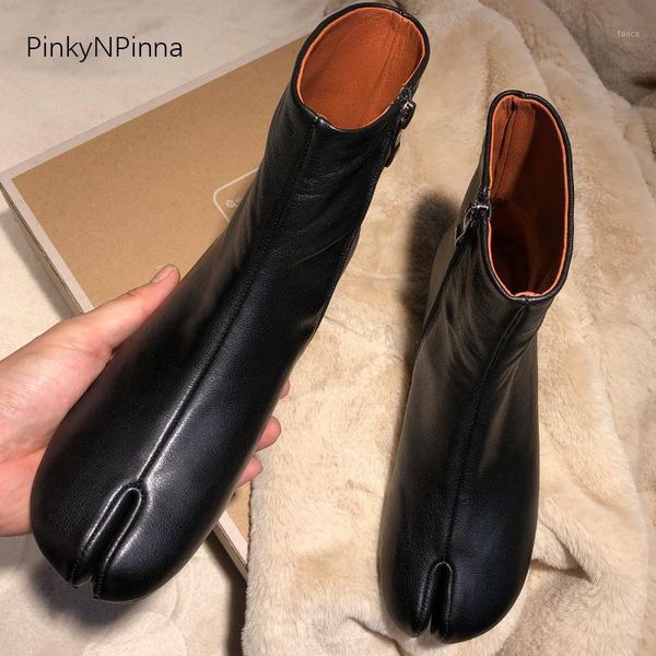 

boots fashion women ankle camel split toe genuine leather soft cowhide round heel short booties plus size ladies shoes1, Black
