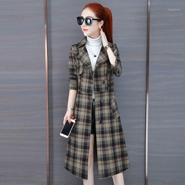 

women's trench coats windbreaker coat spring autumn korean fashion clothing lattice long women's outerwear 3xl1, Tan;black