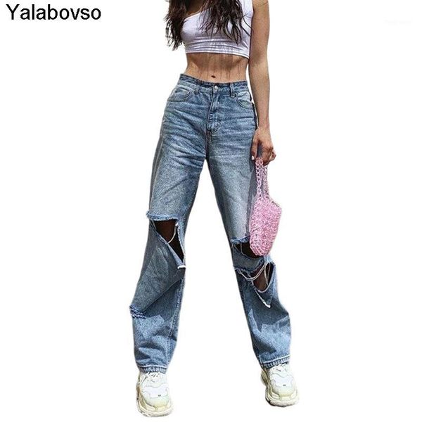 

2020 new high waist women's fashion loose destroyed hole denim mopping pants casual vintage wide leg jeans trousers1, Blue
