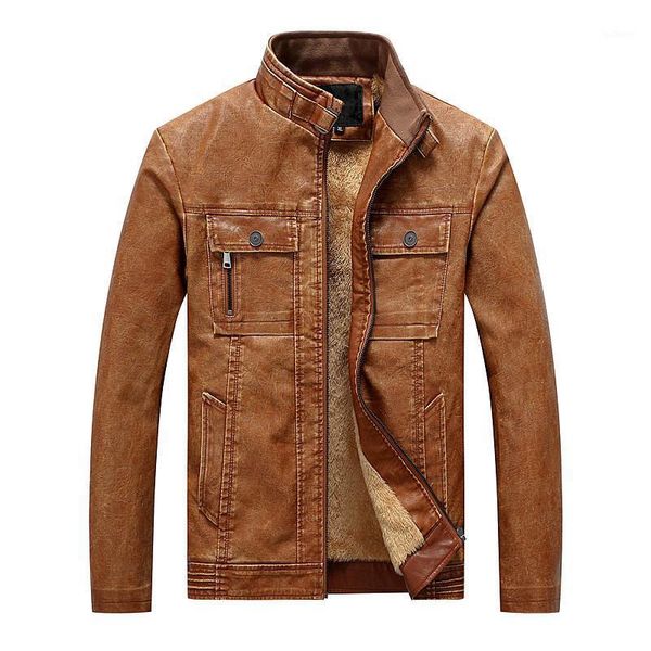 

2020 men winter thick warm fleece leather jackets mens faux leather jacket stand collar zipper pu coats male biker outerwear 6xl1, Black