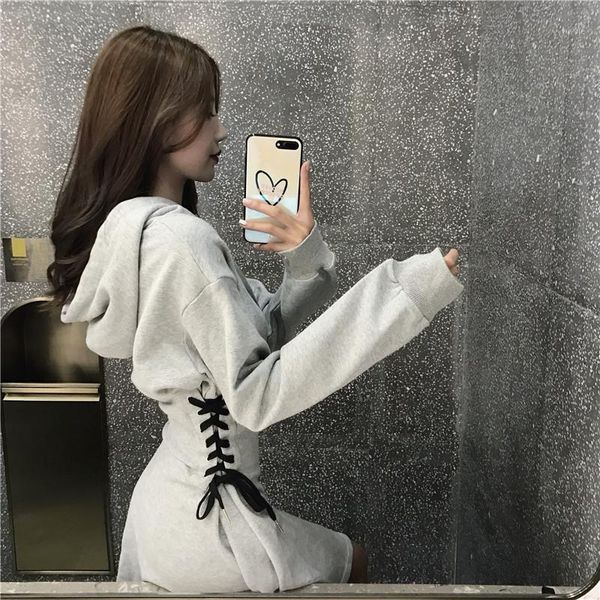 

autumn tracksuit lace up adjustable tie bow waist slim hooded dress women fitness sweatshirt sport dress female elegant 1, Black;gray