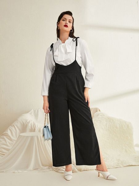 

plus solid split side overall jumpsuit without blouse k8fl#, Black