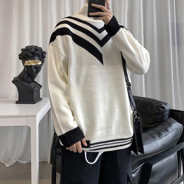 

turtle neck color block men's sweater korean style student boy sweaters autumn knitwear man clothing, White;black