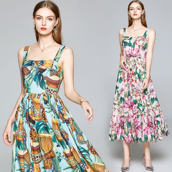 

3 Colors Summer Tender Slim Yellow Flower Printted Big Swing Elegant Party Beach Bohemia Sling Women Cocktail Dress