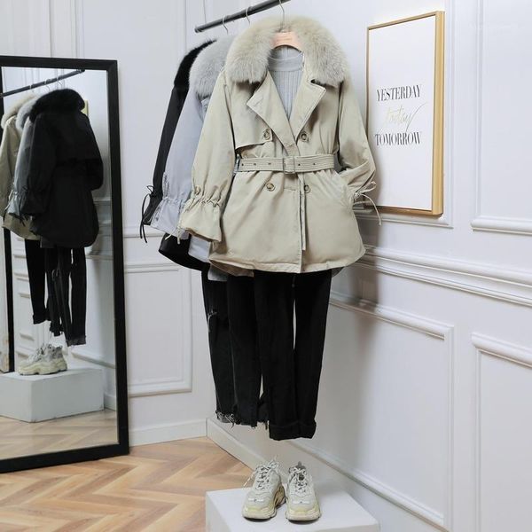 

women's down & parkas ladies jacket mid-length thick and removable korean fashion white duck with big fur collar1, Black