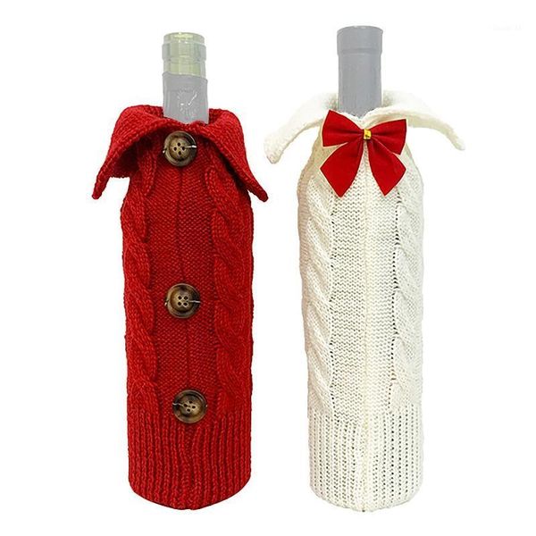 

2 pcs christmas wine bottle cover bags knitted wine sweaters cover dress xmas dinner table decorations1