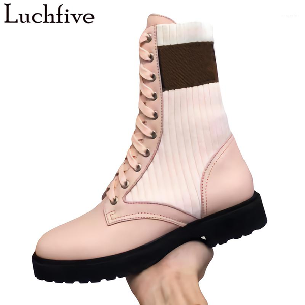 

elastic lace up women boots round toe leather shoes woman low heels sock ankle boots runway pink botas mujer1, Black
