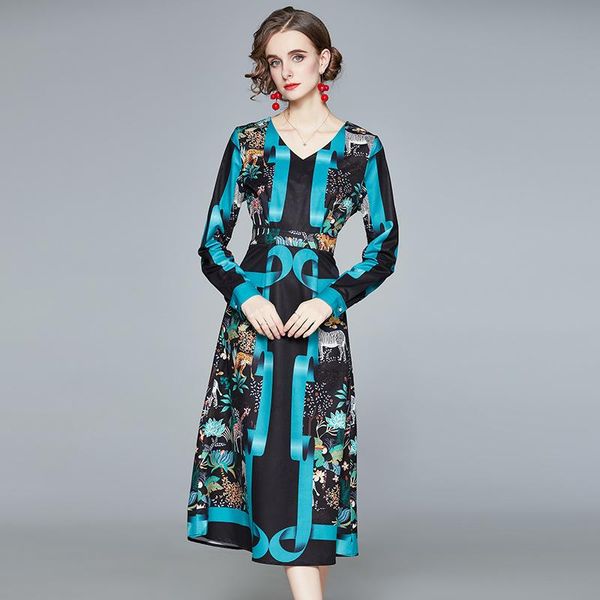 

banulin fashion runway весна платье женщины v-образный вырез с длинным рукавом vintage цветочного печати черной тонкой винтажными дамами mid, Black;gray