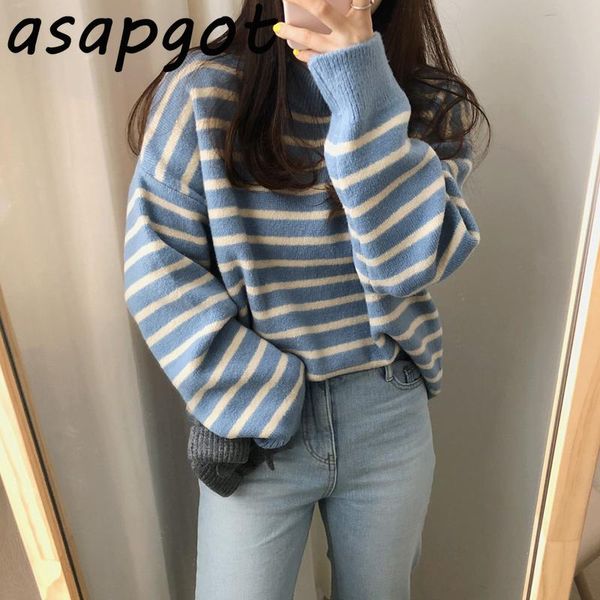 

women's sweaters japan style half turtleneck striped pullovers autumn chic basic thick long sleeve knitwear casual fashion pull, White;black