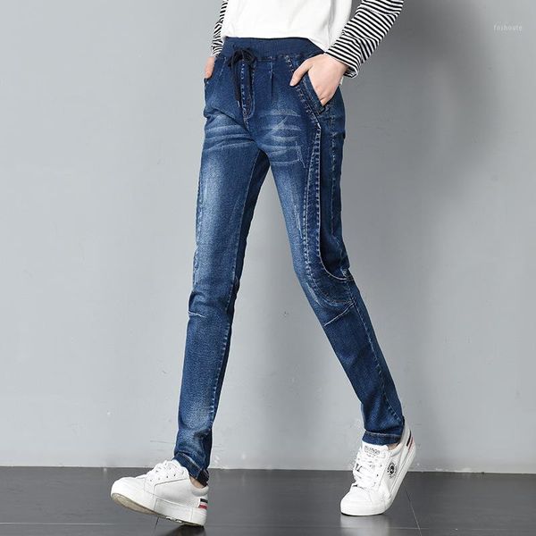 

big size jeans women spring harem pant large size women's jeans elastic high waist denim trousers for female 4xl 5xl1, Blue
