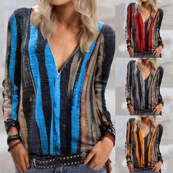 

vintage stripe print zipper v neck blouse shirts women casual loose long sleeve pullovers autumn streetwear blusas feminino, White