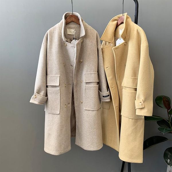 

women's wool & blends winter medium long women coats solid sleeve woolen coat double breasted ladies jackets korean, Black