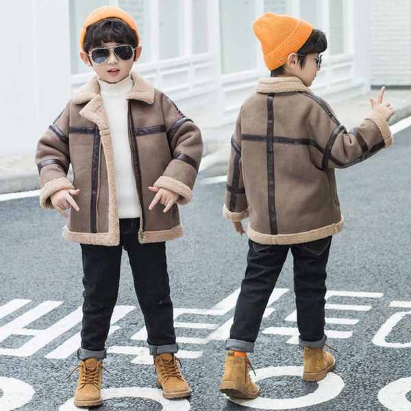 

2020 fur autumn boys' winter all in one plush coat middle and big children's thickened zipper shirt dp2g, Black