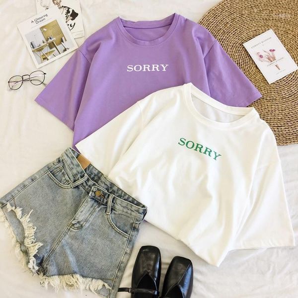 

women sorry letter print korean t-shirt women fashion polyester short sleeve ullzang casual t-shirts harajuku tshirt femme11, White