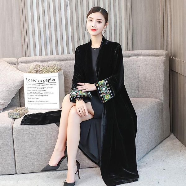 

women's wool & blends sleeve exquisite embroidery vintage velvet kimono trench women v neck mid long windbreaker coat outerwear, Black