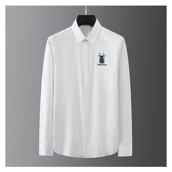 

men's casual shirts 2021 simple insect seiko embroidery long-sleeved fashion slim shirt classic pure white men, White;black