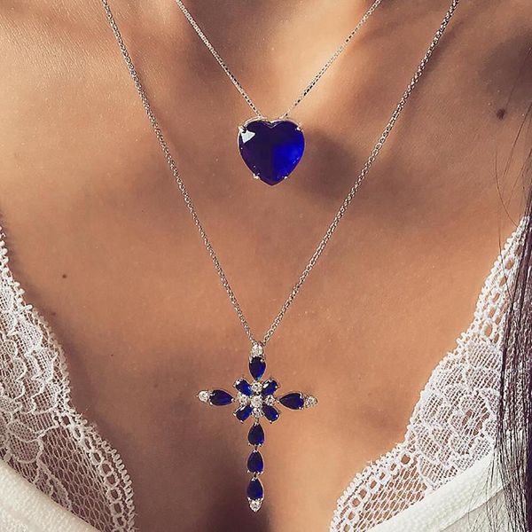 

chains multilayer blue crystal heart cross pendant necklace for women fashion rhinestone ocean jewelry choker valentine's day chain, Silver