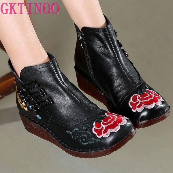 

gktinoo women genuine leather boots 2020 fashion handmade retro boots wedges heels ankle female cowhide embroidered shoes, Black