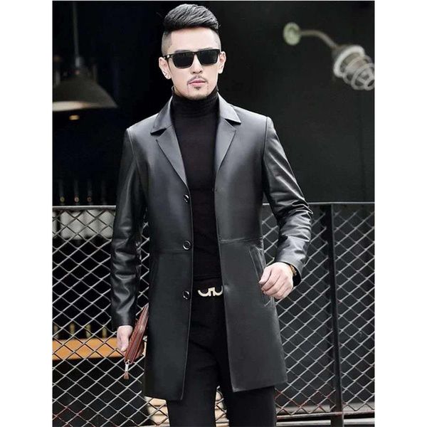 

men's leather & faux haining source sheepskin suit lapel leisure medium length coat korean slim, Black