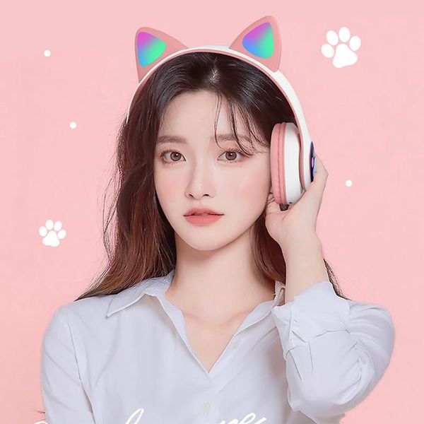 

wireless sport cat ear headphones bluetooth headset rgb lights earphone 5.0 bass noise cancelling mic kids support tf card